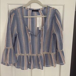 Maven West Blue and White Peplum Blouse with Bell Sleeves